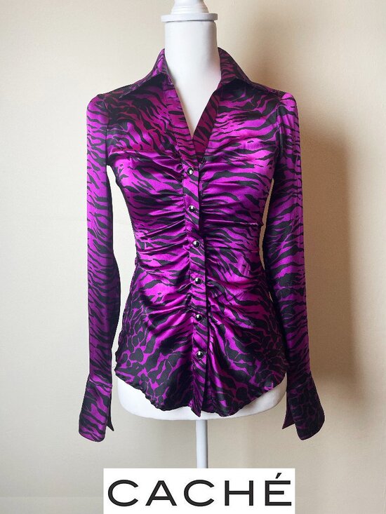 Cache Tops - RARE Vintage CACHÉ Silk-Blend Ruched Zebra Blouse Size XS EUC
